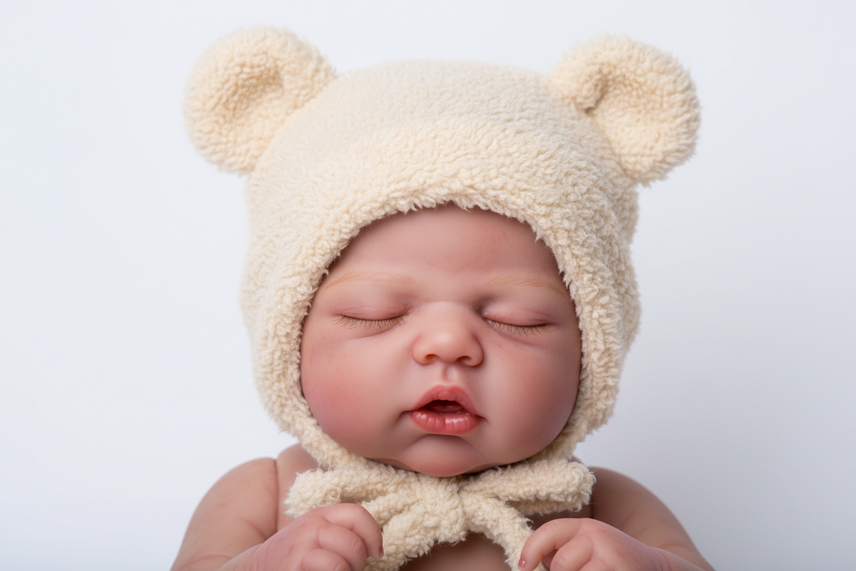 hand-painted vinyl reborn doll wearing a teddy bear hat